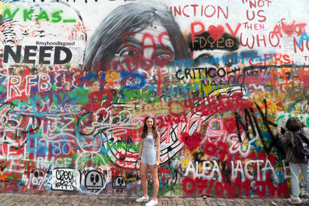 PRAGUE, JULY 15 2019 - Beatles John Lennon graffiti wall is symbol of freedom and artist from all over the world keep on writing on itのeditorial素材