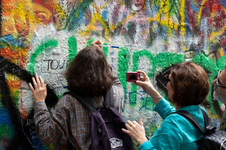 PRAGUE, JULY 15 2019 - Beatles John Lennon graffiti wall is symbol of freedom and artist from all over the world keep on writing on itのeditorial素材