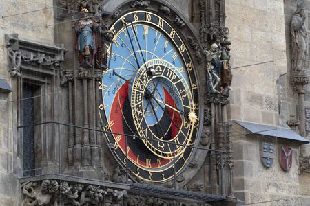 Prague old square clock tower at sunset