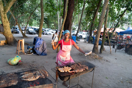 MAHE, SEYCHELLES - AUGUST 13 2019 - Young creole people at local market. With a population of roughly 94,367, it has the smallest population of any sovereign African countryのeditorial素材