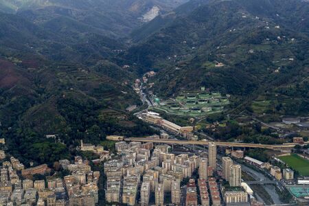 Oil petroleum refinery aerial view from airplane in genoa italy