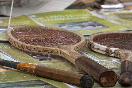 old wood tennis racket close upの写真素材