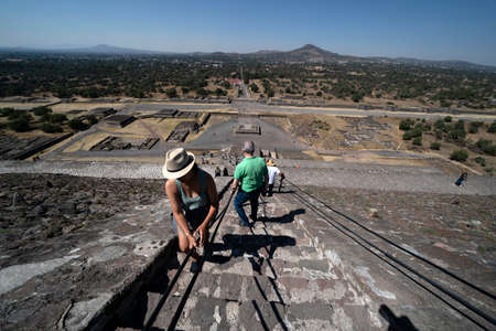 MEXICO CITY, MEXICO - JANUARY 30 2019 - Tourist at Teotihuacan pyramid ancient ruins one of the...