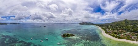 seychelles paradise beach aerial drone panorama landscape of praslin island anse volbertの写真素材