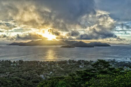 seychelles sunset on praslin island from la digue lookout top of the hillの写真素材
