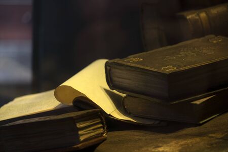 Old book and parchment detail close upの写真素材