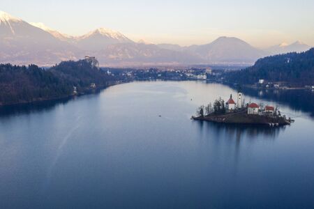 Bled lake aerial view panorama in winter seasonの写真素材