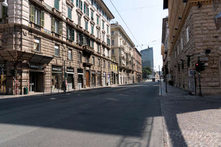 GENOA, ITALY - APRIL 5 2020 - Downtown streets are desert due to coronavirus covid19 quarentine people must stay home to avoid infection spreadingのeditorial素材