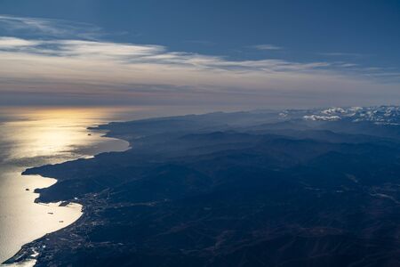 Genoa Italy coast line aerial view panorama from airplane