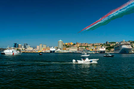 GENOA, ITALY - MAY 26 2020 - Frecce Tricolori Italy acrobatic flight team over Genoa Lighthouse to celebrate the end of covid 19 coronavirus lockdownのeditorial素材