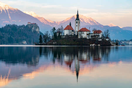 Bled lake panorama at sunset in winter season