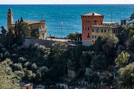 saint george church in portofino on a sunny dayの写真素材