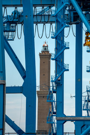 The Lanterna a lightouse in Genoa Italy Symbol in the sky backgroundの写真素材