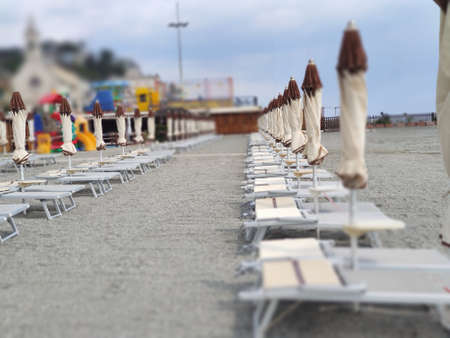 Bathhouse beach club preparation set up for summer season in Italy liguria Varazzeの写真素材