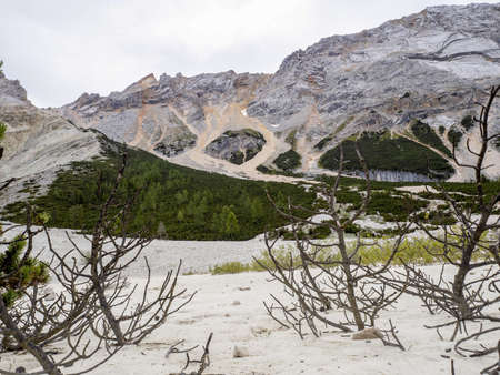 fanes lake dolomites mountains panorama landscape in summer season