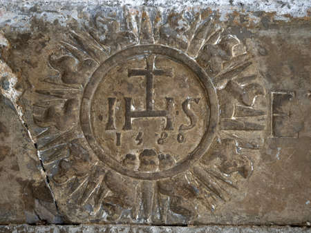 old 1485 church inscription riomaggiore cinque terre pictoresque village liguria italy castleの写真素材