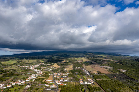 Madalena Pico Island Azores vineyard wine grapes protected by lava stone aerial view panoramaの写真素材