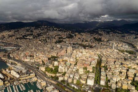 genoa aerial view before landing on cloudy day panoramaの写真素材