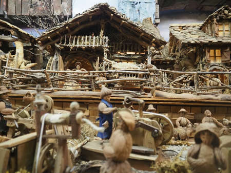 GENOA, ITALY - DECEMBER 25 2021 - Nativity maid of nuts People leaving votive offering to Madonna della Guardia sanctuary on Genoa hill church cathedral by grace received miracleのeditorial素材