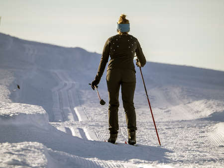 cross country nordic skiing in dolomites mountains panoramaの写真素材