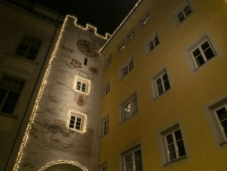 brunico village trentino lights at night in decemberの写真素材