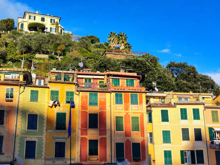 Portofino pictoresque village Italy colorful buildings detail painted house detailの写真素材