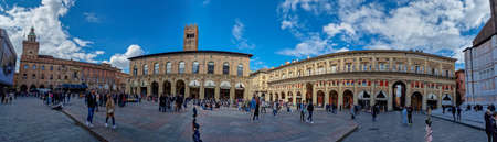 BOLOGNA, ITALY - APRIL 3 2022 - Piazza maggiore square view full of people after pandemic...