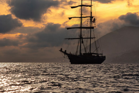 old vessel sailboat silhouette at sunsetの写真素材