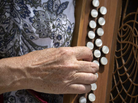 Hands playing french accordion detail close up