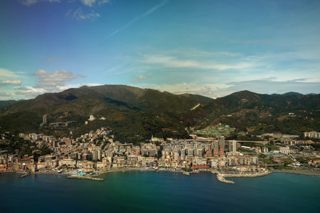 genoa italy sea front promenade aerial view panorama while landingの写真素材