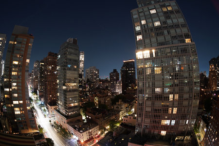 Manhattan new york city night aerial cityscape from terrace rooftop