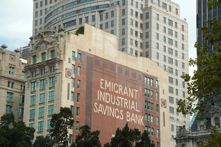 emigrant industrial savings bank sign south manhattan new york skyscraper buildings cityscapeの写真素材