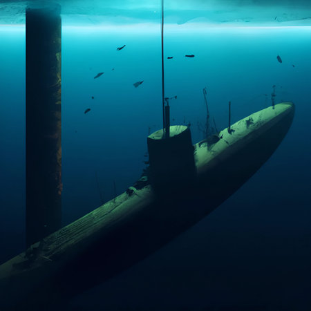 Submarine ship approaching underwater damaged pipeline leaking in the deep dark ocean like the nord...