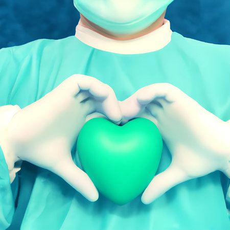 Surgeon holding a green hearth on handsの写真素材