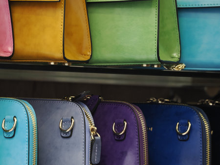 many different colors leather bags on displayの写真素材