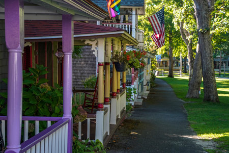 old martha vineyard gingerbread houses historical districtの写真素材
