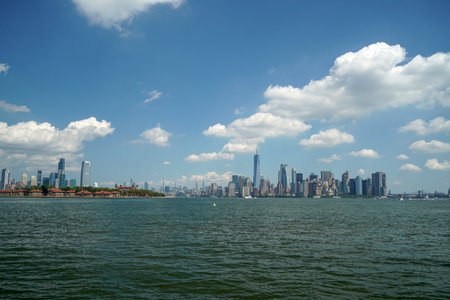 new york city manhattan view cityscape from hudson river liberty island