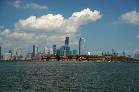 new york city manhattan view cityscape from hudson river liberty island