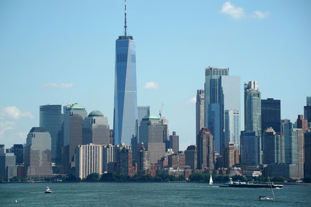 new york city manhattan view cityscape from hudson river liberty island