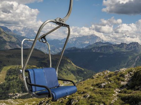 chair cable lift in dolomites mountainsの写真素材