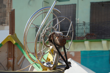 malta colorful painted fishing boat in marsaxlokk harborの写真素材