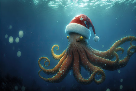 octopus wearing santa claus christmas hat illustration generative aiの写真素材