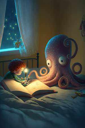 Cute Octopus Reading Book, in children bed during christmas eve night cartoon style Illustration beautiful generative aiの写真素材