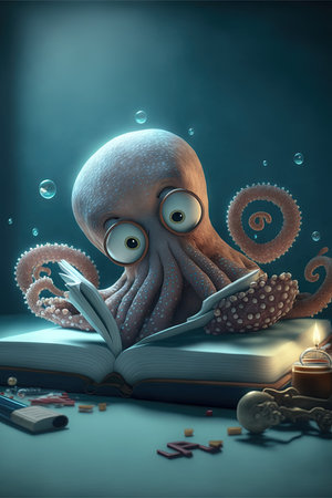 Cute Octopus Reading Book, Adorable Smart Sea Creature Character Sitting with Book cartoon style Illustration beautiful generative aiの写真素材