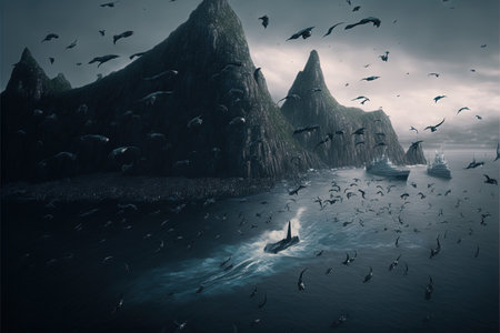 Grindadrap Faroe island whaling dolphin and whale hunting dramatic illustration generative aiの写真素材