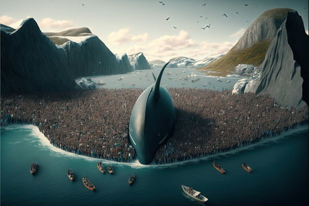 Grindadrap Faroe island whaling dolphin and whale hunting dramatic illustration generative aiの写真素材