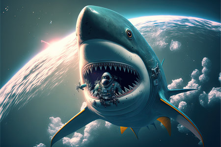 shark as astronaut spaceship in space illustration cartoon style generative ai