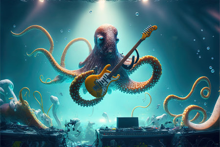 cute octopus playing guitar music illustration generative aiの写真素材