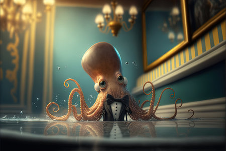 cute octopust uxedo dressed playing piano music illustration generative aiの写真素材