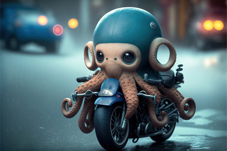 cute octopus bike rider in the city illustration generative aiの写真素材